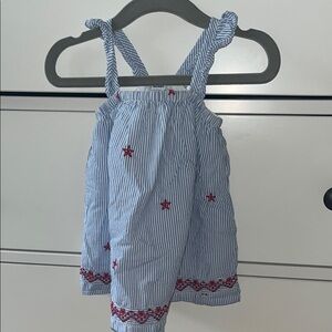 Blue and White Striped Baby Dress with Red Embroidery